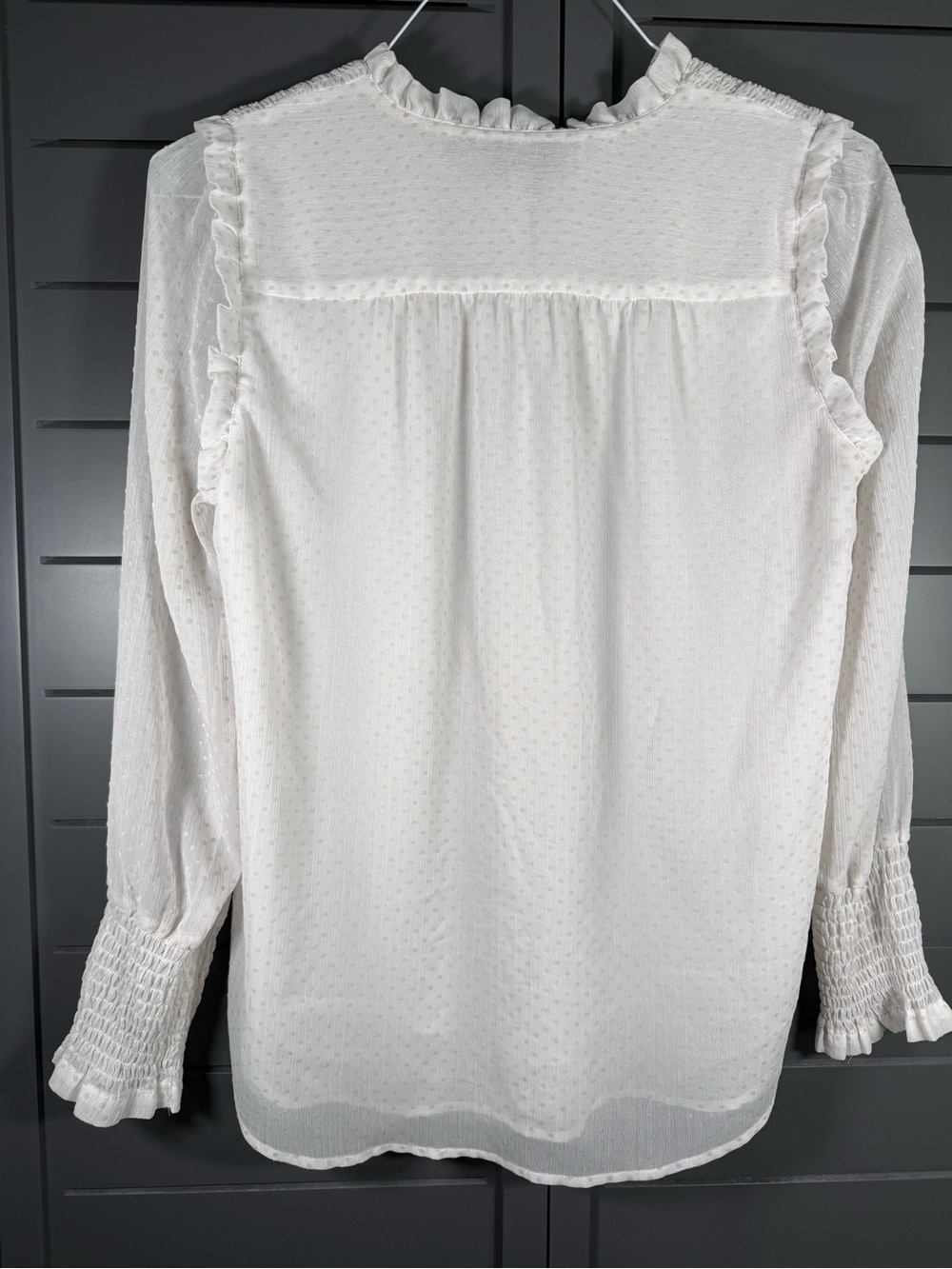 LOFT White Swiss Dot Smocked Ruffle Blouse Size Small - Picture 3 of 10